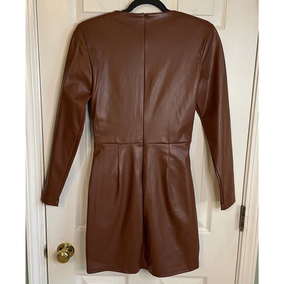 Zara Faux Leather Mini Dress NWT Brown Surplice V-Neck Ruched Long Sleeves Sz M - Picture 5 of 12